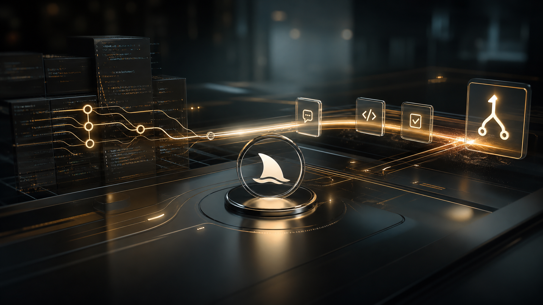 Generated alternate Orca editorial artwork showing code changes flowing through PR review and merge stages